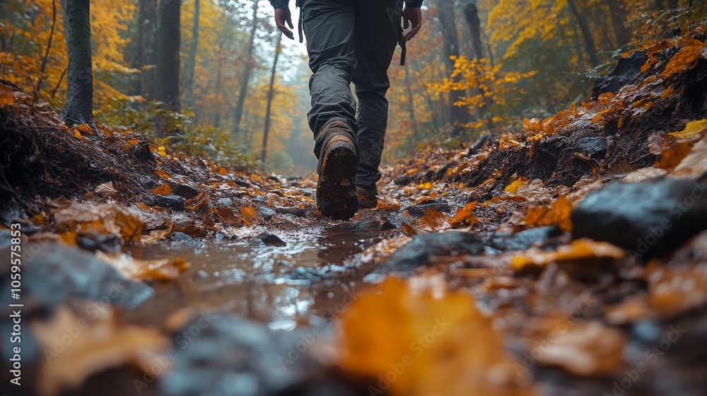 Poster a hiker makes their way down a wet trail covered with fallen leaves and stones, surrounded by the vi