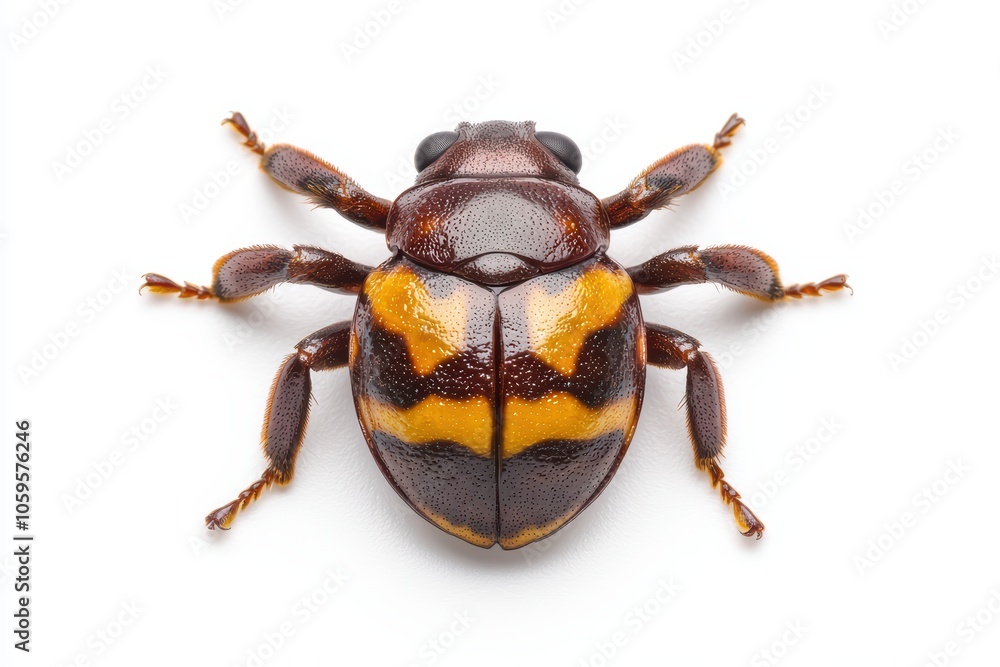 Poster close-up of a colorful beetle with striking patterns on a white isolated background.