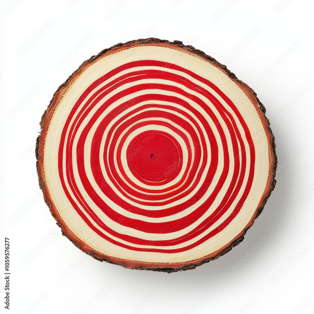 Aufkleber close-up of a colorful cross-section of a tree trunk with red and natural wood patterns, isolated on