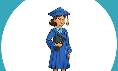 Girl in vector style wearing a graduation robe, finishing university course. 