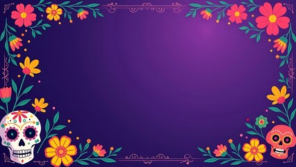 Dia de los Muertos background. Purple invitation card template design with empty space for text. Festive decoration with flowers and calavera or sugar skull