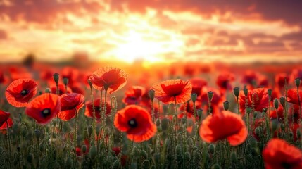 Fototapeta premium Field of Red Poppies at Sunset on Remembrance Day Generative AI