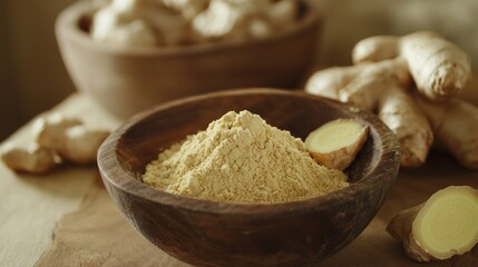Fototapeta premium Fresh Ginger Root and Ground Ginger Powder in a Wooden Bowl, Healthy Cooking Ingredient Generative AI