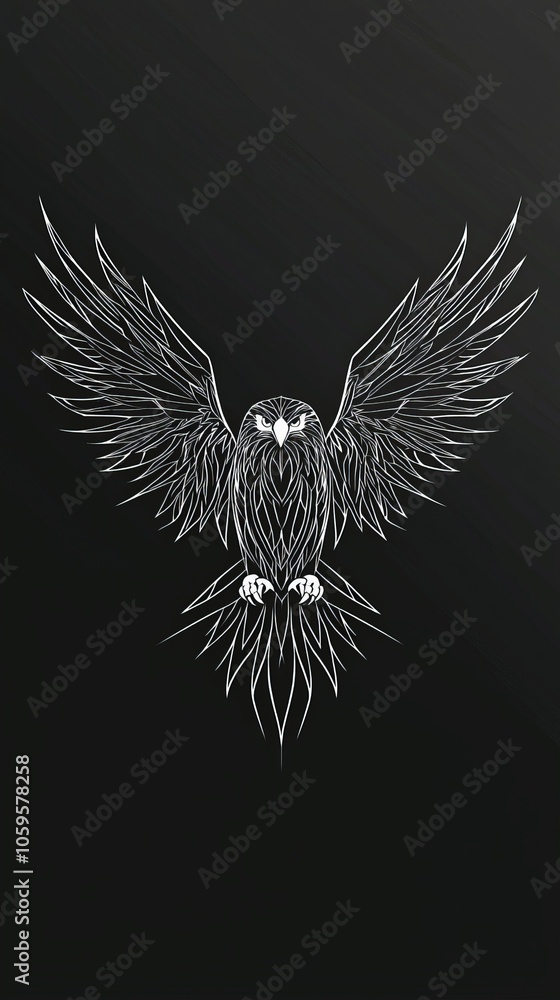 Poster geometric line art logo of hawk with large wings spread up, simple sharp lines, vector illustration 