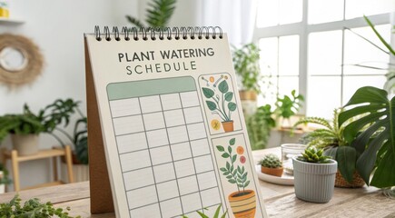 A detailed planner with a plant watering schedule, dates and checkboxes, surrounded by various indoor plants