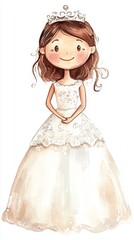 Fototapeta premium Minimalistic Watercolor Portrait of a Happy Middle Aged Brunette Bride in a White Wedding Dress Generative AI