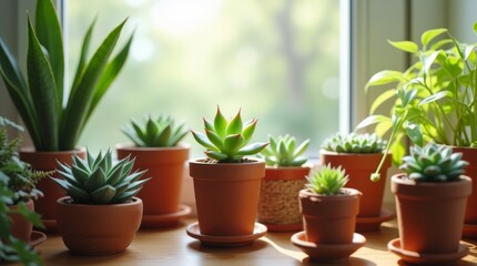 Fototapeta premium indoor gardening with a collection of succulents in small terracotta pots, placed on a wooden shelf by a bright window, natural light highlighting the textures of the plants, cozy and minimalist inter