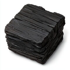 Natural charcoal pieces stacked, black color, ideal for art or design, on a white isolated background.