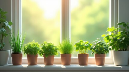 Fototapeta premium Photorealistic, kitchen windowsill herb garden with small potted herbs like chives, cilantro, and basil, bright sunlight highlighting the vibrant green leaves, simple and modern interior with a fresh