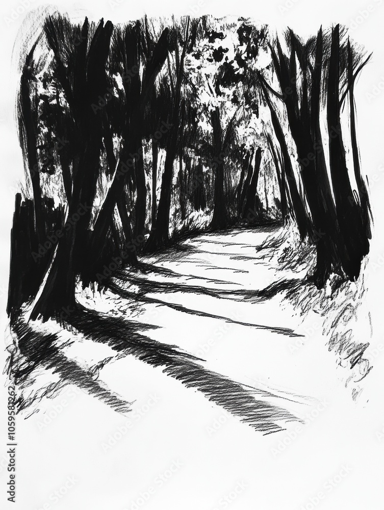 Poster This artwork features a dense forest path, showcasing intricate tree details and long shadows cast by the sunlight through the foliage. Generative AI