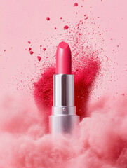 Bright pink lipstick mockup with vibrant powder on a soft pink background showcasing beauty innovation. Generative AI