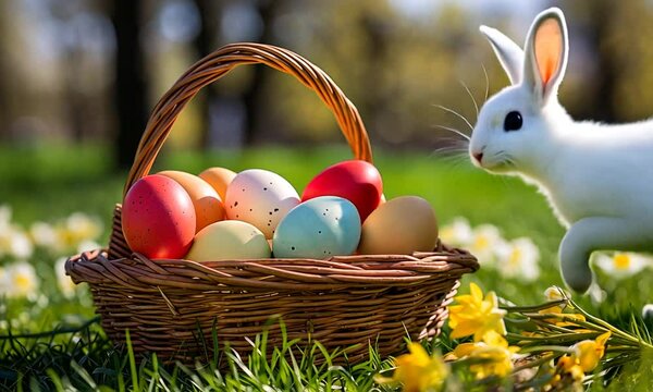 Curious white rabbit near the backet with colorful painted Easter eggs in a park on sunny day