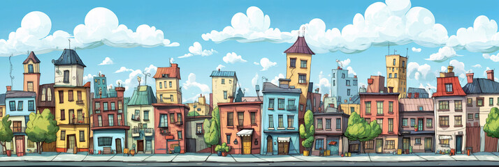 Fantasy Cartoon City Streetscape Background Panorama Concept Drawing image HD Print Neo Game Art V14