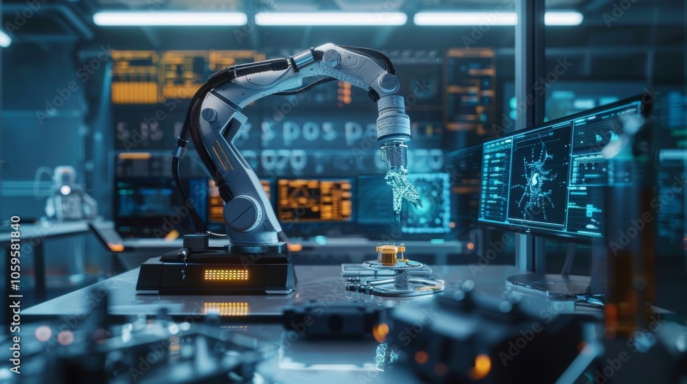 Poster advanced robotic arm conducting precise operations within a high tech laboratory environment, showca