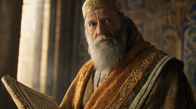 Zechariah, the prophet from the Bible, received many visions and prophecies that focused on the restoration of Jerusalem. He is depicted in the temple, wearing ceremonial garments.