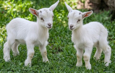 Obraz premium Two white baby goats playing in the grass, rural animal friendship and outdoor fun Generative AI