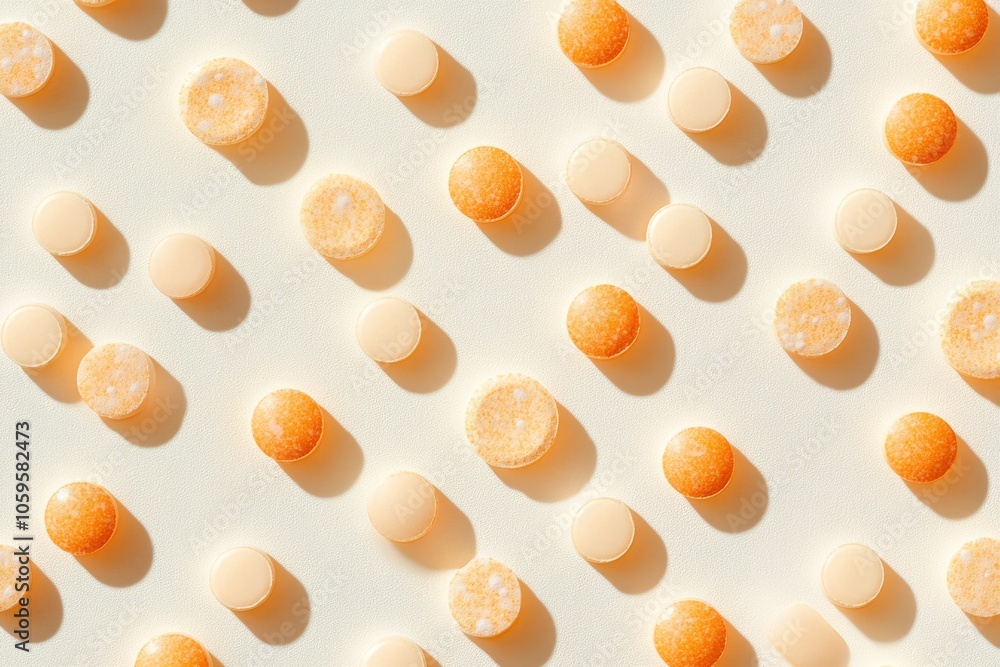 Aufkleber orange and beige effervescent vitamin tablets creating repeating pattern on light background