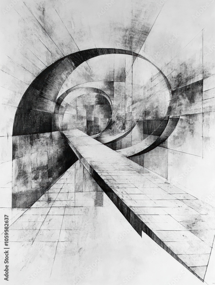 Poster an abstract drawing captures a bridge in a minimalist style, showcasing swirling lines and geometric