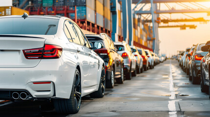 Obraz premium A white EV car is waiting to be loaded onto a container ship at a busy port, surrounded by EVs, with a cargo ship in the background.