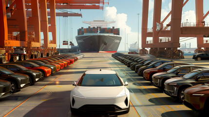 A white EV car is waiting to be loaded onto a container ship at a busy port, surrounded by EVs, with a cargo ship in the background.