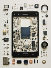 Fototapeta premium Disassembled Smartphone Parts and Circuit Board Displayed for Tech and Engineering Concepts