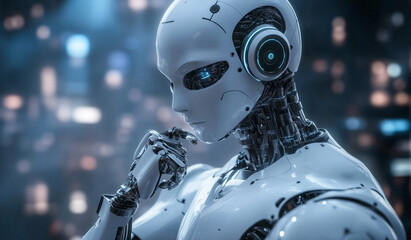 Fototapeta premium A futuristic humanoid robot with artificial intelligence pondering technology against the backdrop of a digital cityscape