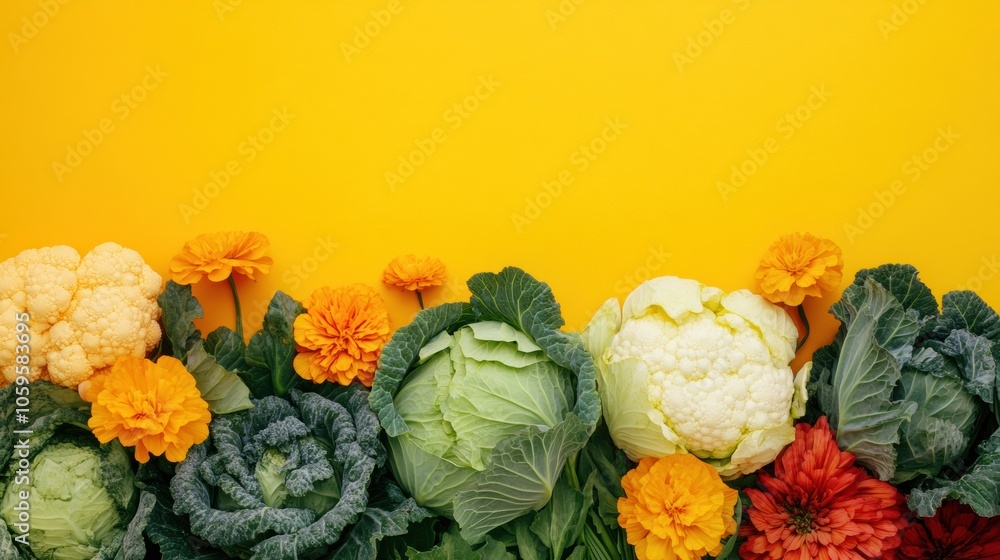 Poster colorful flowering plants, including cabbage and squash, create a striking visual against a bright y