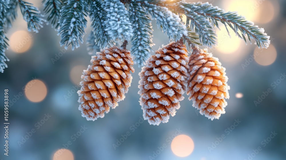 Aufkleber three pine cones are suspended from frosted evergreen branches, surrounded by a wintry atmosphere wi