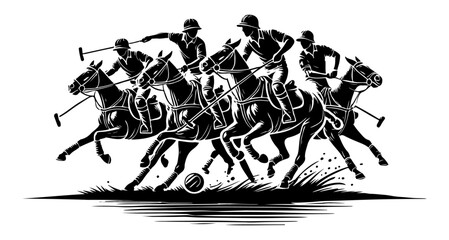 Fototapeta premium ,A dynamic black and white illustration of players and horses in the heat of a polo match. The intense movements and detailed horses highlight the sport’s speed, skill, and competitive spirit.