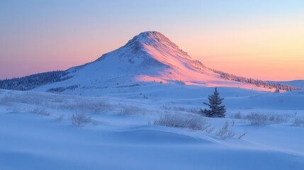 Early morning light casts a warm glow on a snow-capped mountain, surrounded by a vast, icy landscape. This tranquil winter scene invites reflection and appreciation of nature's beauty.