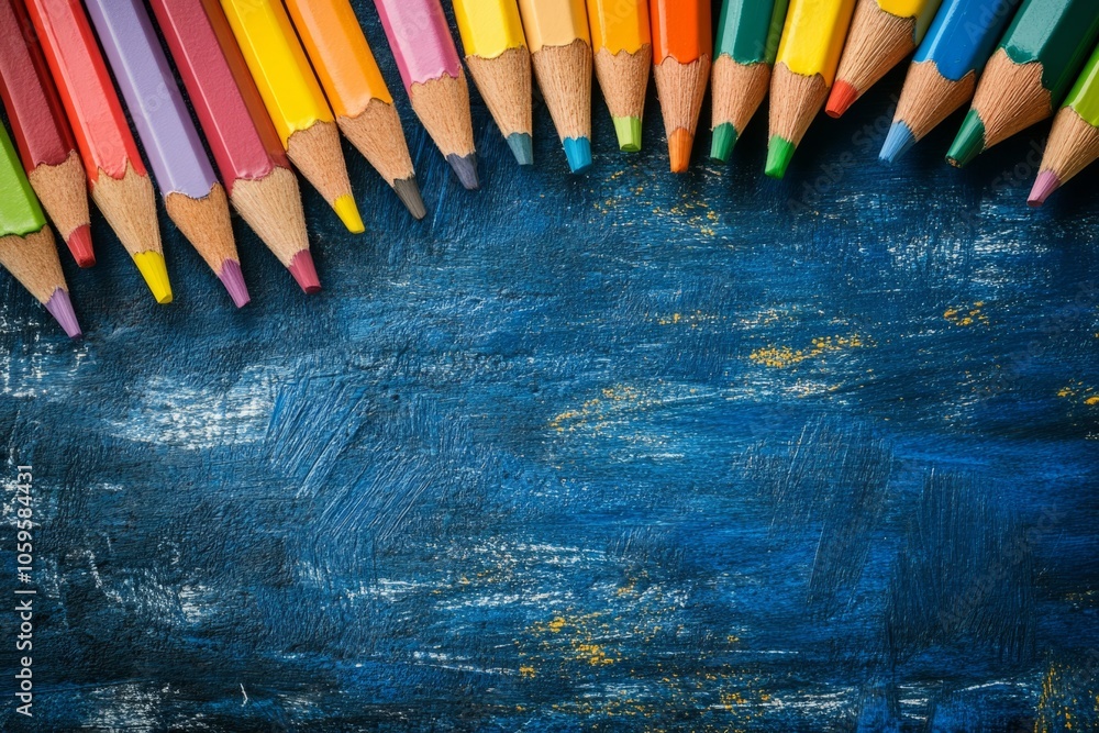 Poster colored pencils arranged on dark blue wooden background creating copy space. copy space for text