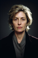 Fototapeta premium Studio portrait of a caucasian woman in forties to fifties against a dark background