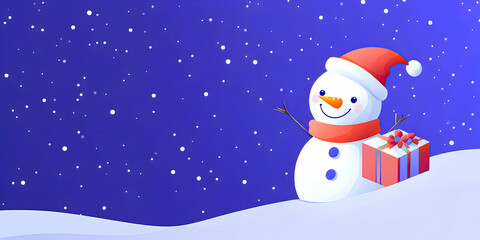 Fototapeta premium Banner Snowman with gift box, winter illustration, joyful Christmas decor, festive snow doll, space for text. Merry winter scene concept. .