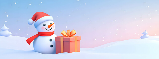 Fototapeta premium Banner Snowman with gift box, winter illustration, joyful Christmas decor, festive snow doll, space for text. Merry winter scene concept. .