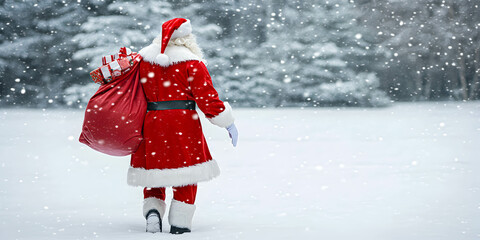 Santa Claus, carrying a large red sack of presents in a snowstorm, space for text. Santa Claus concept .
