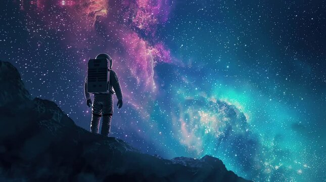 Astronaut standing alone on alien planet's surface, gazing at the vast galaxy filled with stars and cosmic wonders
Seamless looping 4k time-lapse virtual video animation Generated AI