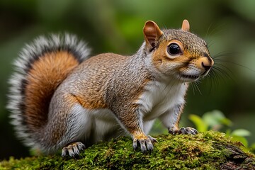 Naklejka premium A curious squirrel perched on a mossy branch in the forest
