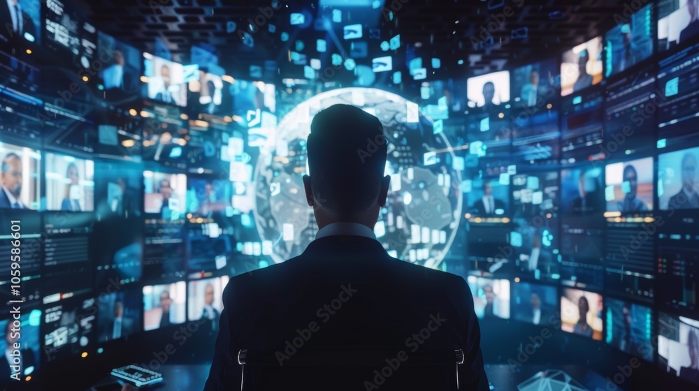 Poster businessman is sitting and watching global communication network and data flow visualized in futuris