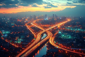 Fototapeta premium Aerial view of a busy city highway during rush hour at sunset
