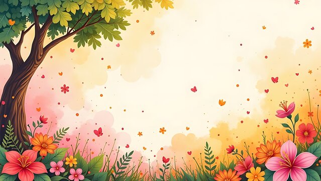red and yellow flowers. Basant Panchami celebration background in watercolor style. Asia