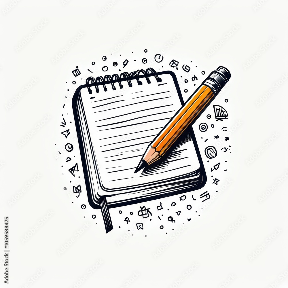 Poster a sketch of a notepad and pencil surrounded by various doodles and icons.
