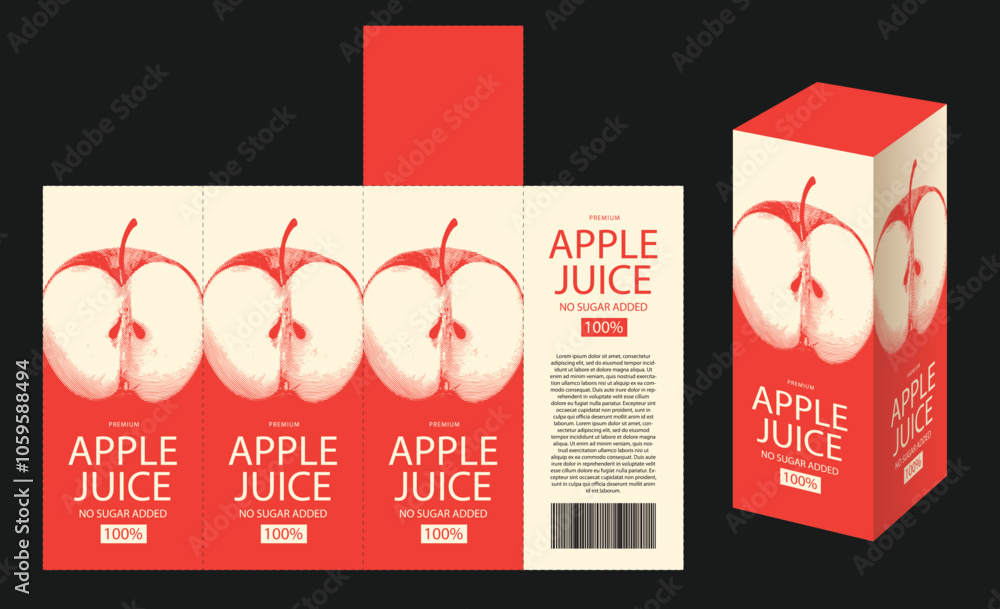 Poster vector mockup template of cardboard packaging box label for apple juice with realistic pattern of ap