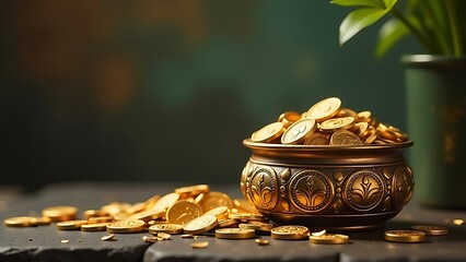 pot of gold. akshaya tritiya background with a pot with gold coins.