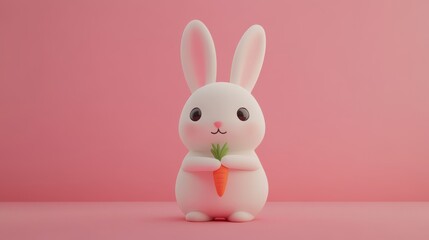 Fototapeta premium A cute white bunny with big ears holding a carrot against a pink background.