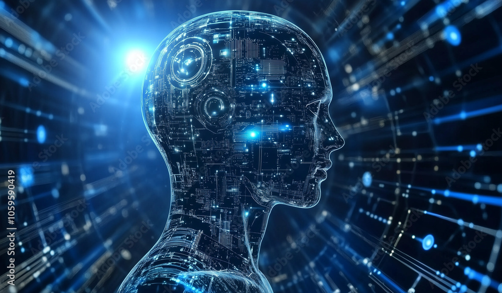 Poster a digital image of a human head filled with circuitry and glowing data, symbolizing artificial intel