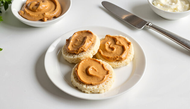 Delicious rice cakes with peanut butter on a clean white plate beside a knife and bowl