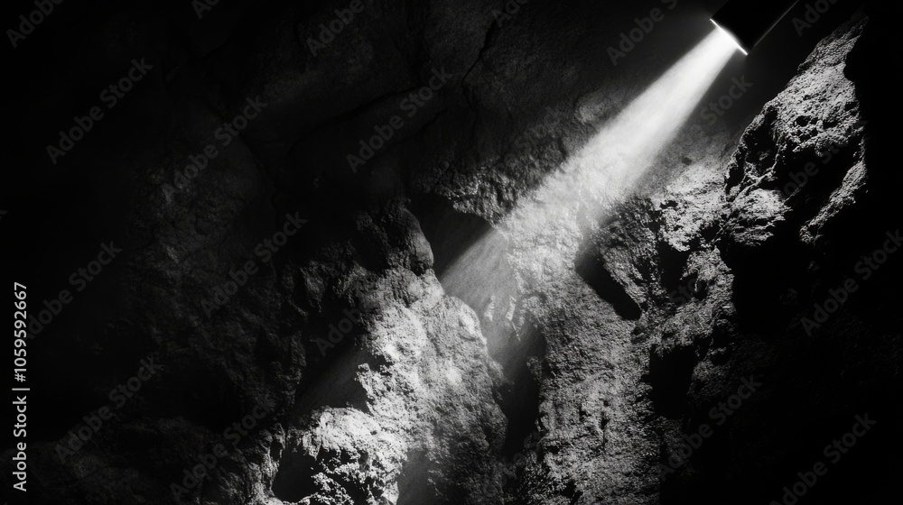 Poster mysterious cave exploration with flashlight beam generative ai