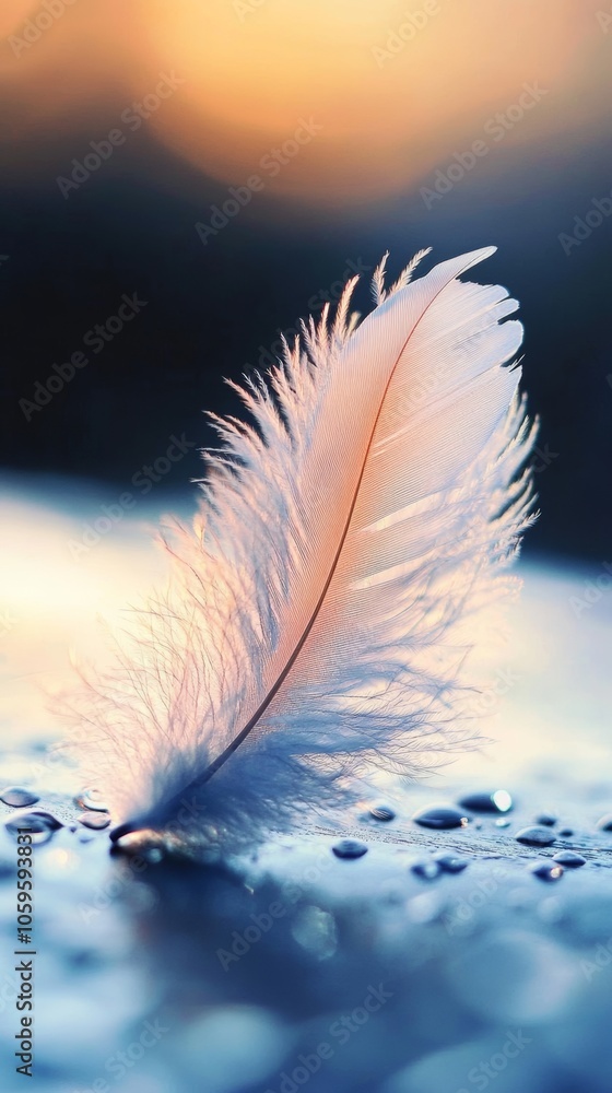Poster delicate feather on smooth surface in soft morning light, minimalist photography for nature and text