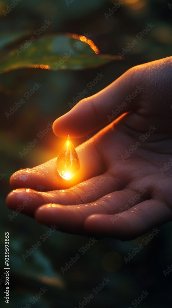 Poster a closeup of a hand gently holding a leaf with a single drop of water, reflecting the light generati