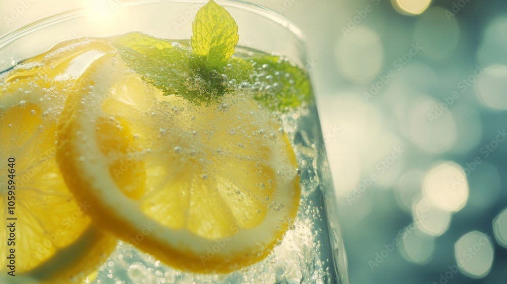 Poster fresh and refreshing sparkling water with lemon and mint for summer generative ai